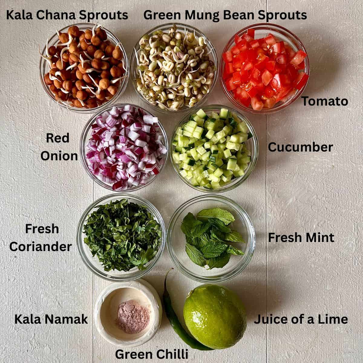 Ingredients for kachumber salad with sprouts in small glass dishes. The ingredients are annotated.