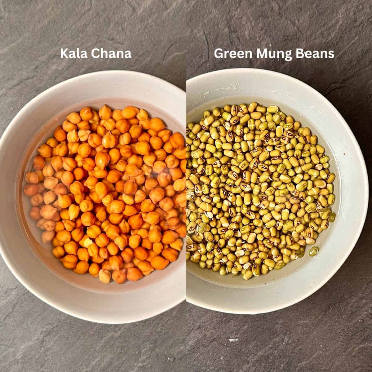 Kala chana and green mung beans soaking in water in separate bowls. For kachumber salad.