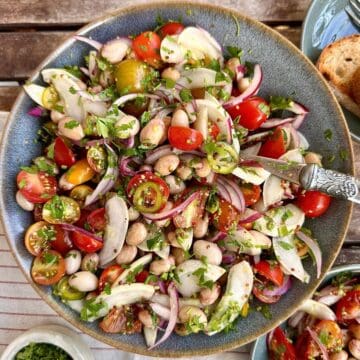 A plate if borlotti bean salad with heirloom tomatoes, chilli and cucumber.