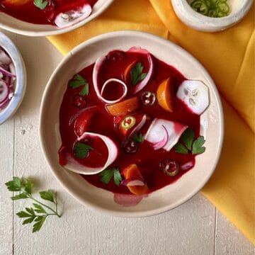 A bowl of vegan beetroot aguachile.