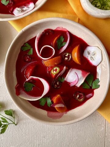 A bowl of vegan beetroot aguachile.