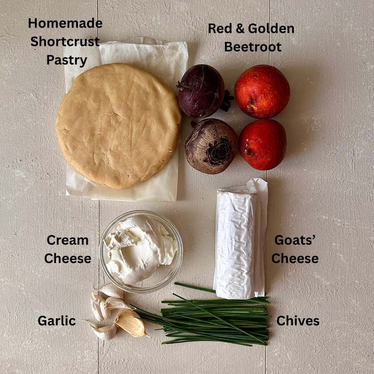 Ingredients for beetroot and goats cheese tart displayed on a white background. The ingredients are annotated.