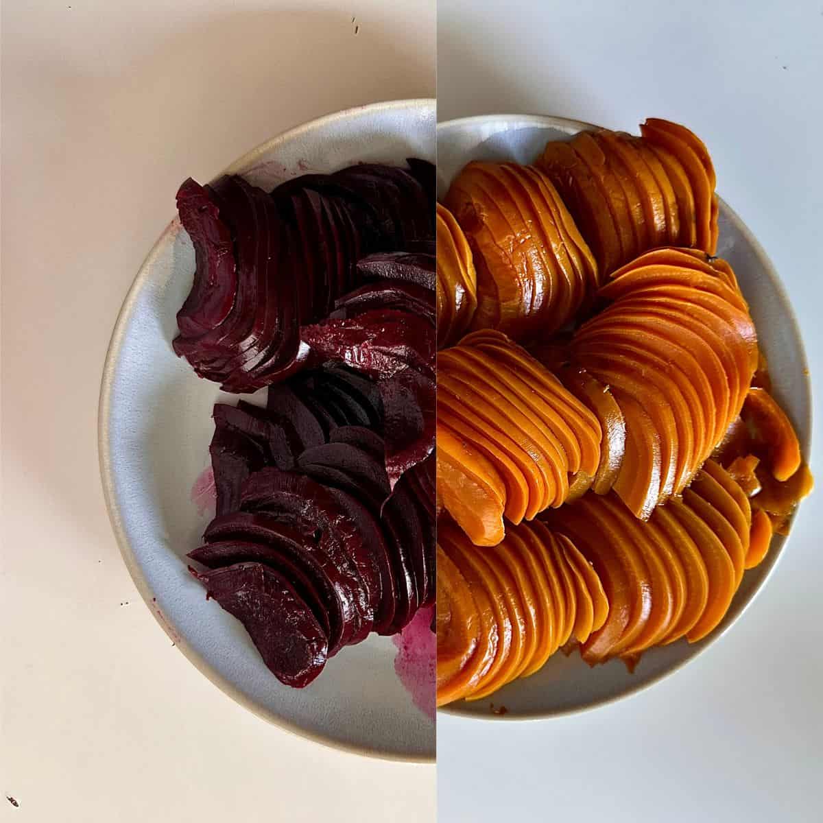 A picture split into two halves - the left side showing thinly sliced red beetroot in an bowl and the right side showing thinly sliced golden beetroot in a bowl. Preparation for a beetroot and goats cheese tart.