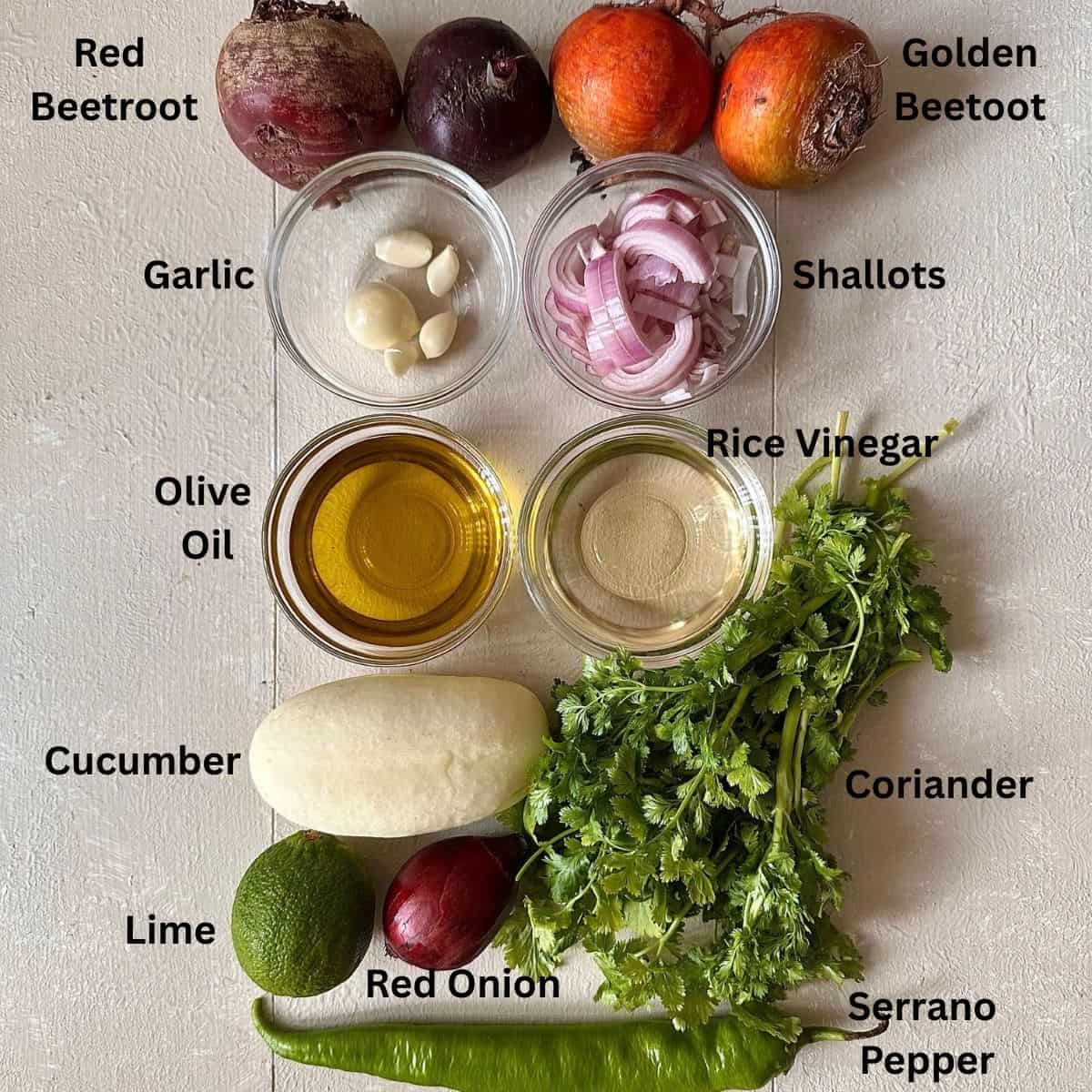 Ingredients for a vegan beetroot aguachile on a white background. The ingredients are annotated.