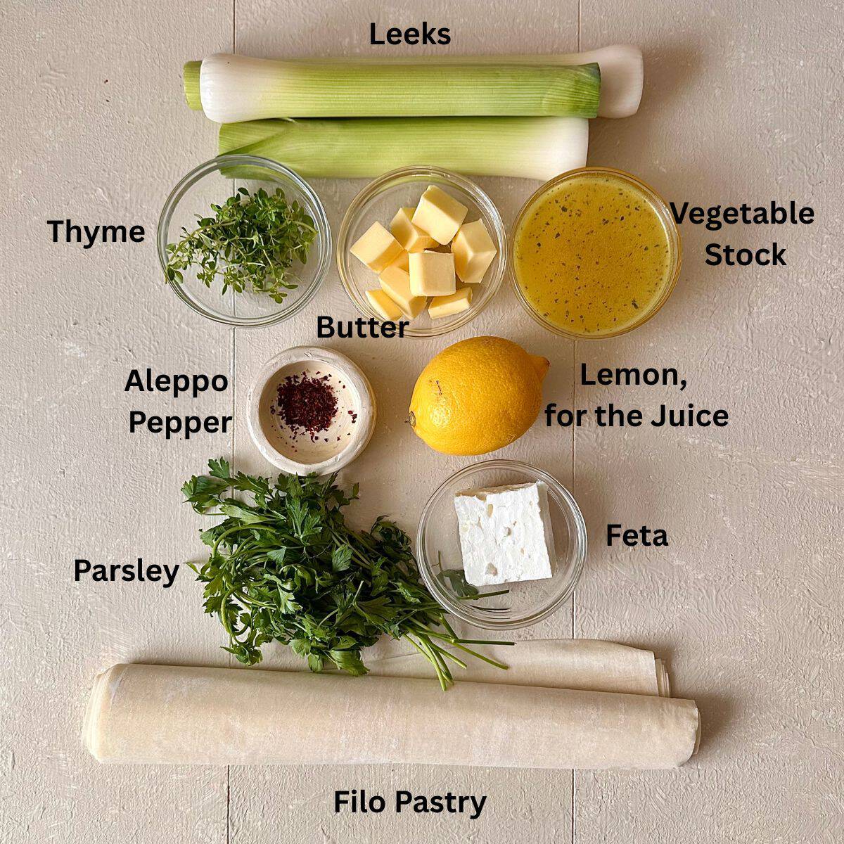 Ingredients for a leek tarte tatin, laid out on an off-white background. The ingredients are annotated.