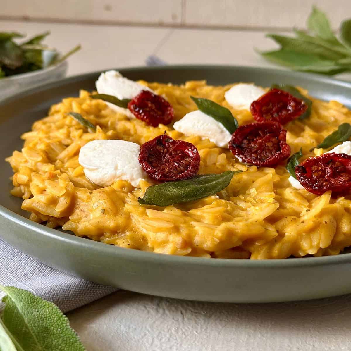 Close up of a plate of pumpkin orzo garnished with sage leaves, dried tomatoes and soft cheese quenelle.