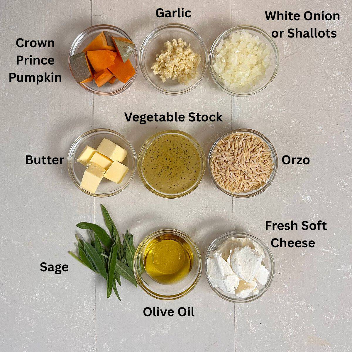 Ingredients for pumpkin orzo displayed on a white background in small glass dishes. The ingredients are annotated.