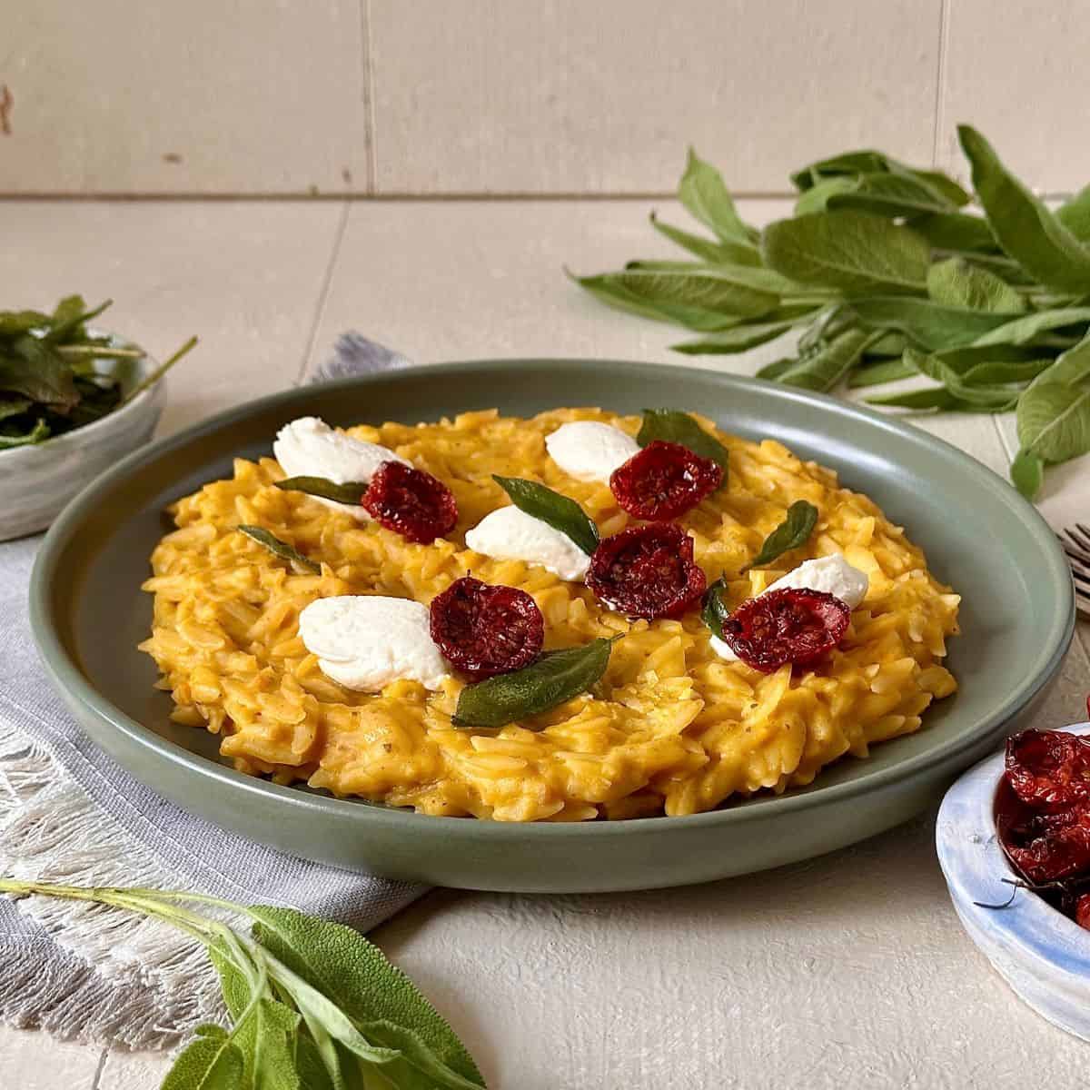 A green serving plate with pumpkin orzo garnished with fresh soft cheese quenelle, dried cherry tomato and fried sage leaves.