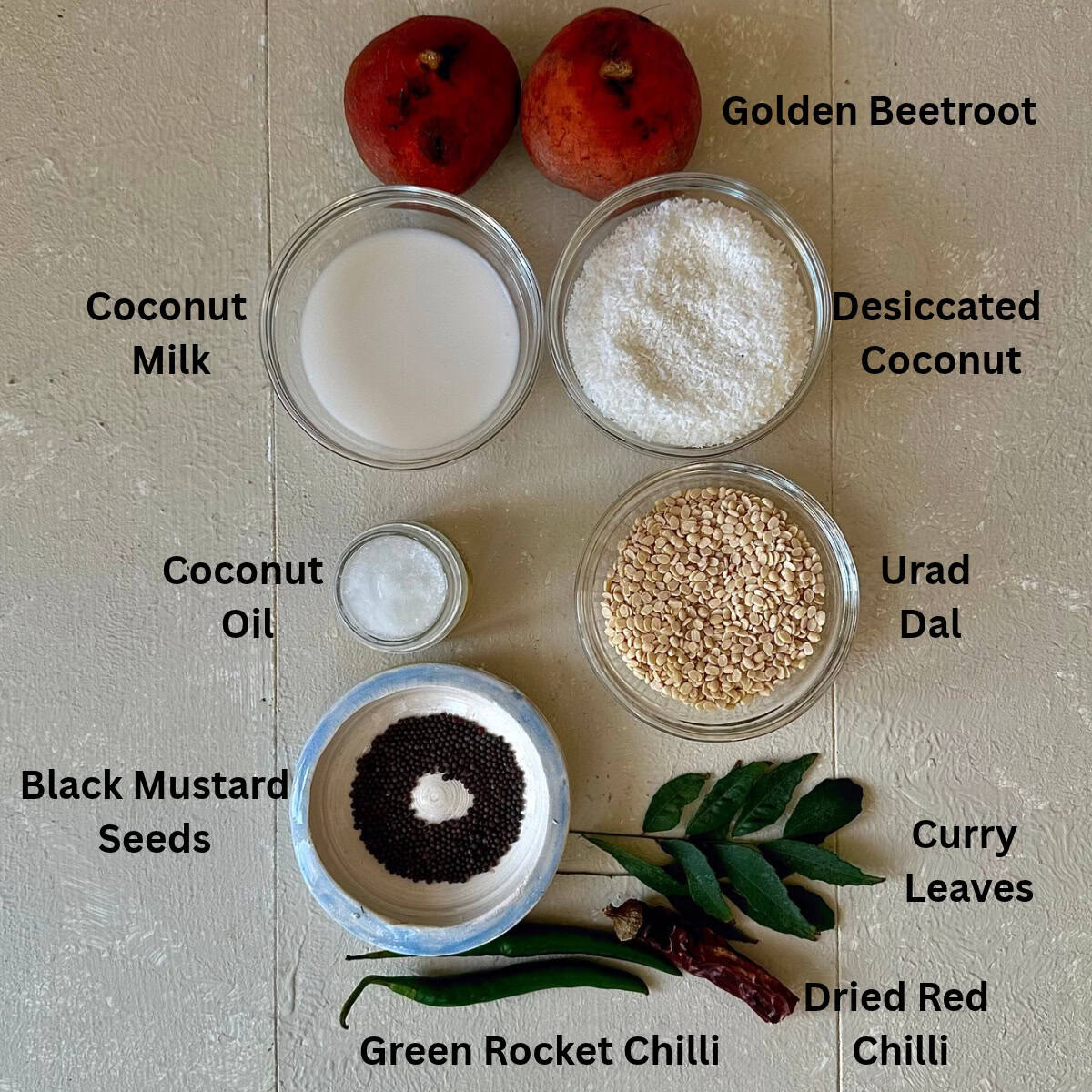 Ingredients for golden beetroot thoran displayed in small glass dishes. The ingredients are annotated.