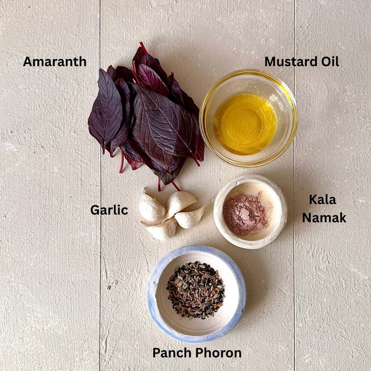 Ingredients for lal saag displayed against a white background. The ingredients are annotated.