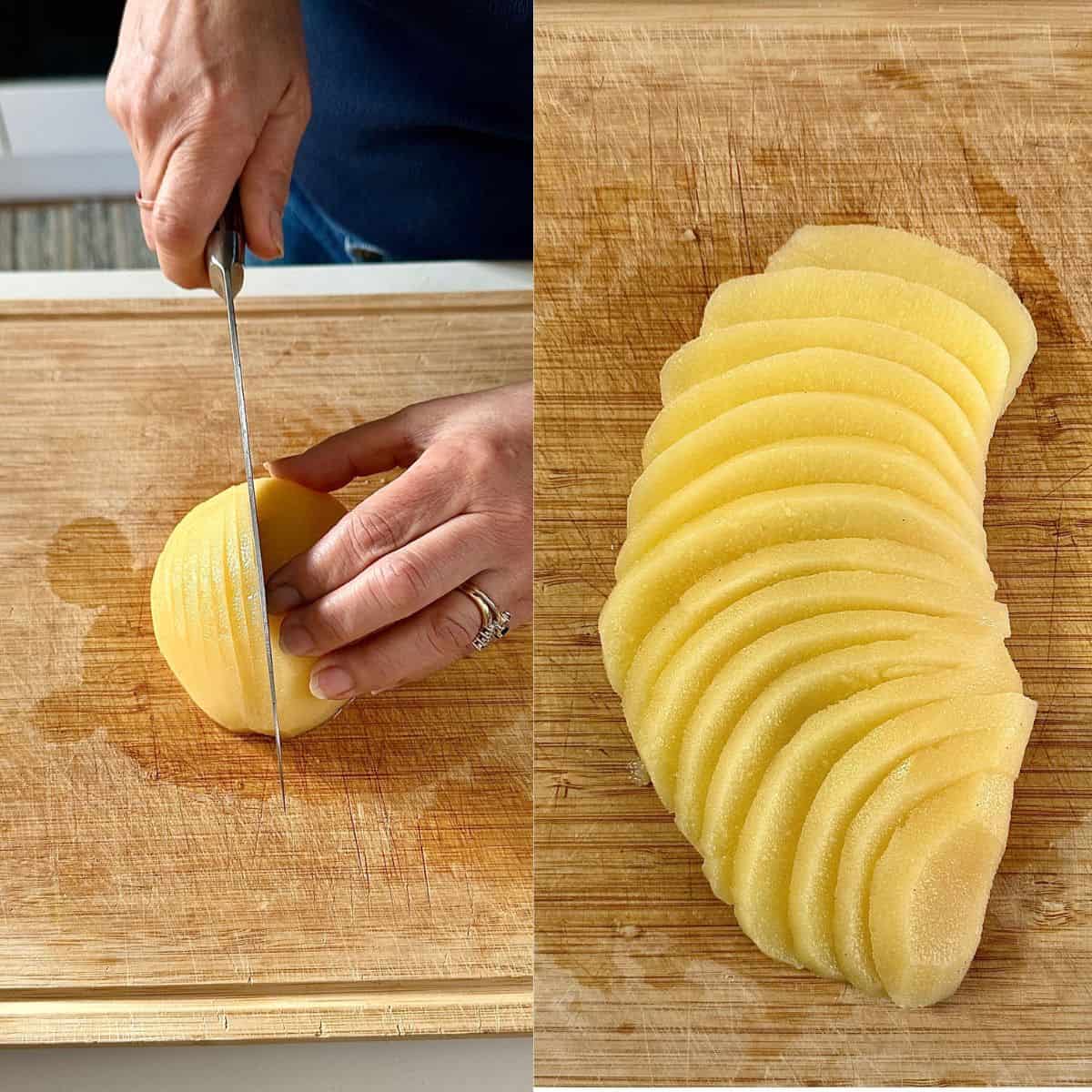 Two photos side by side, one showing the cutting of poached quince into thin slices, and the other showing the slices fanned out on a chopping board. For a quince frangipane tart recipe.