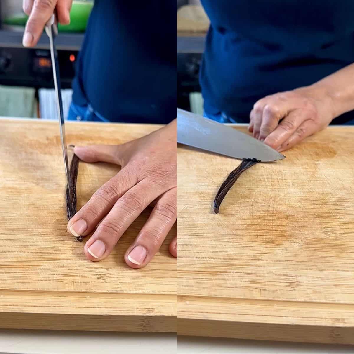 Two photos side by side, one showing a knife slicing down the centre of a vanilla pod, the other showing scraping out the vanilla seeds from the pod using the back of a knife. For a quince frangipane tart recipe.