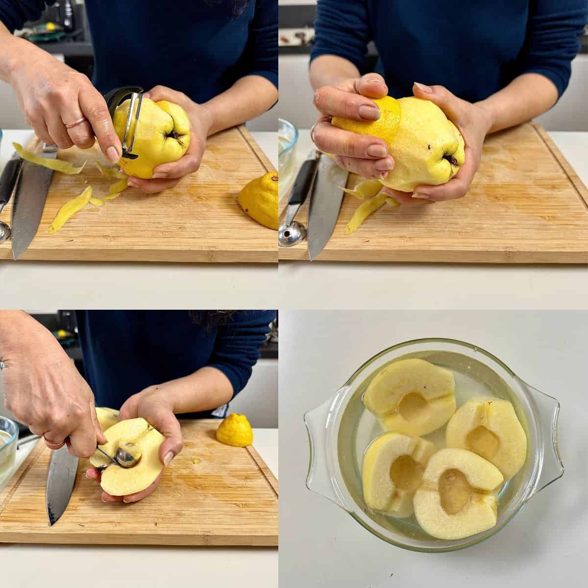 A sequence of 4 photos. First showing a quince being peeled, second showing a quince being rubbed with a lemon, third showing a quince being cored and fourth showing peeled and cored quince in lemon water. For quince frangipane tart recipe.